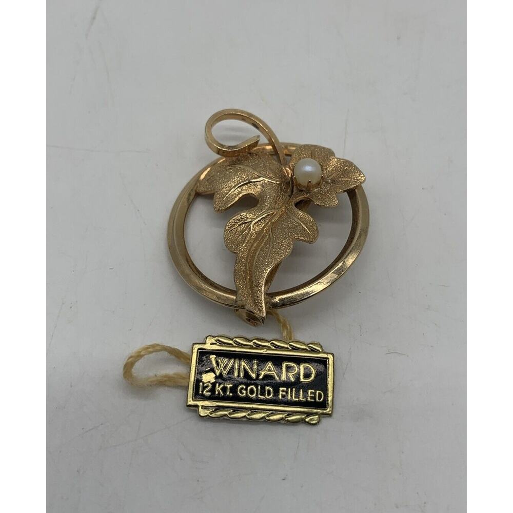 Vintage Winard 12 KT Gold Filled Cultured Pearl Leaf Brooch With Hang Tag